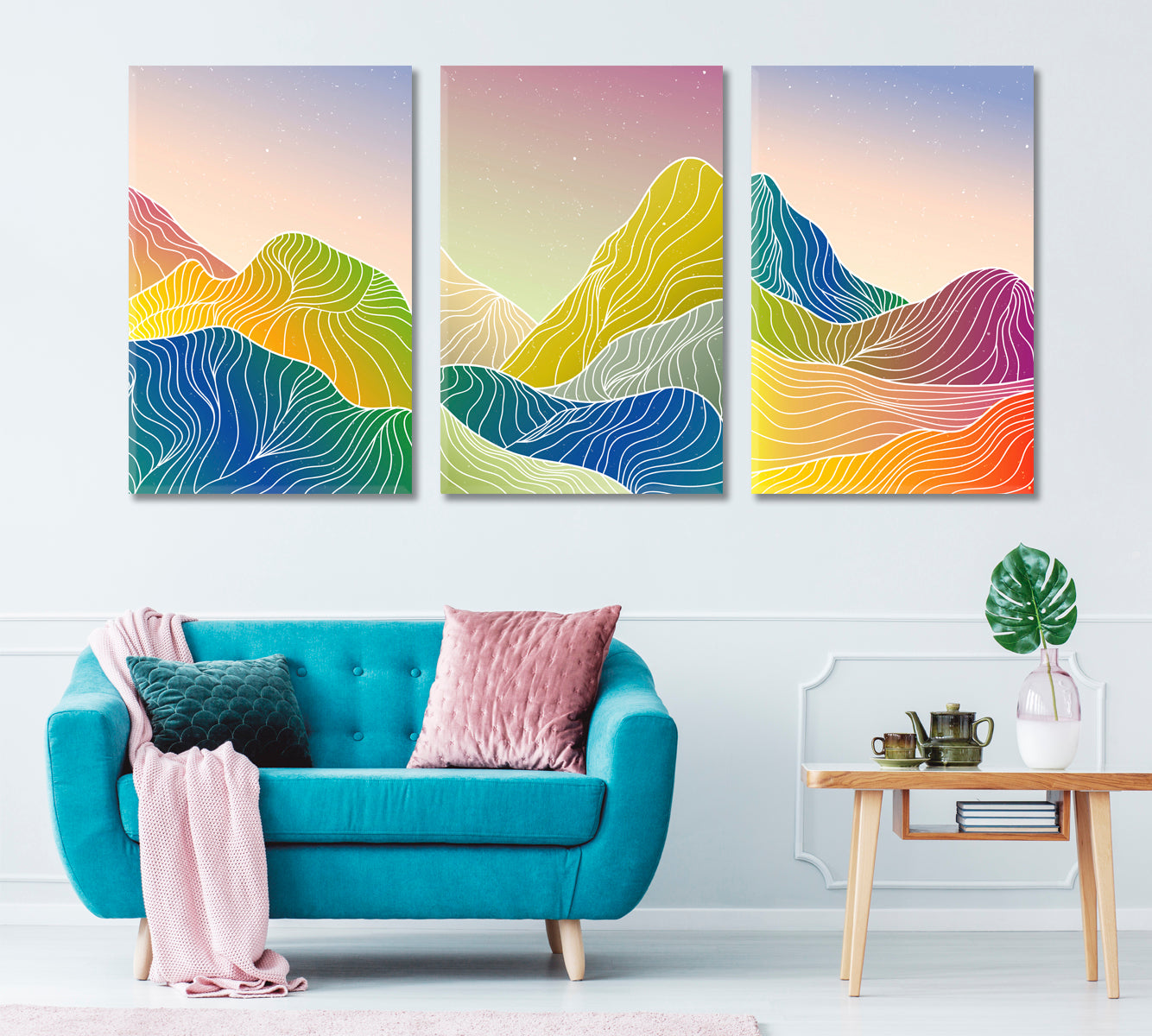 Set of 3 Colorful Line Mountain Landscape Canvas Print ArtLexy   
