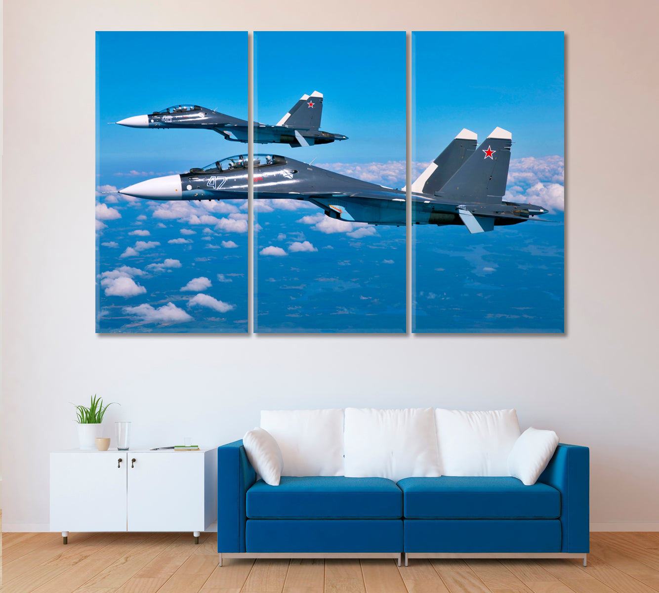Sukhoi Su-30SM (Flanker-C) Jet in Flight Canvas Print ArtLexy 3 Panels 36"x24" inches 