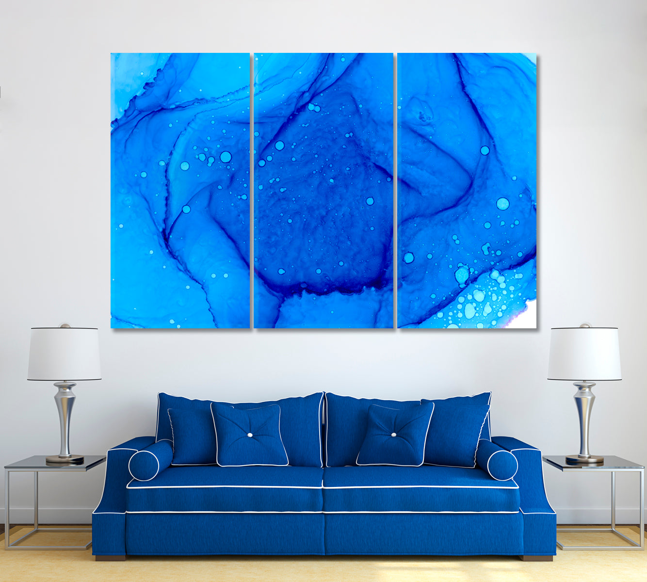 Abstract Blue Watercolor Splashes and Drops Canvas Print ArtLexy 3 Panels 36"x24" inches 