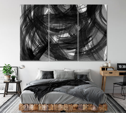 Abstract Modern Black Brush Strokes Canvas Print ArtLexy 3 Panels 36"x24" inches 