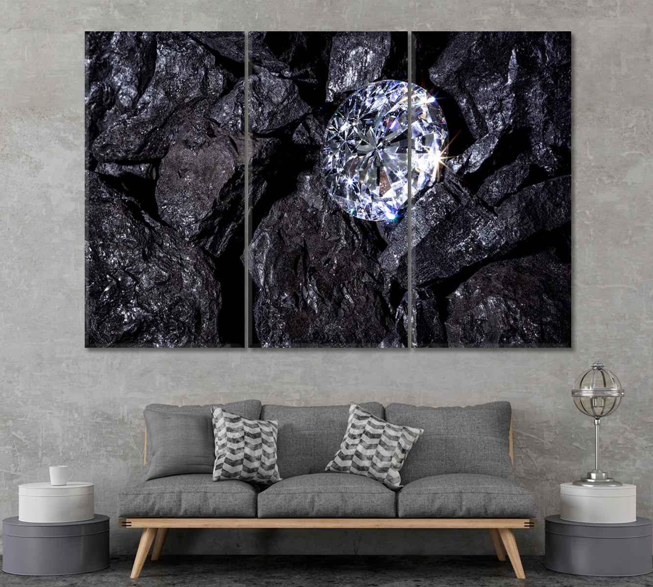Diamond Among Pieces of Coal Canvas Print ArtLexy 3 Panels 36"x24" inches 
