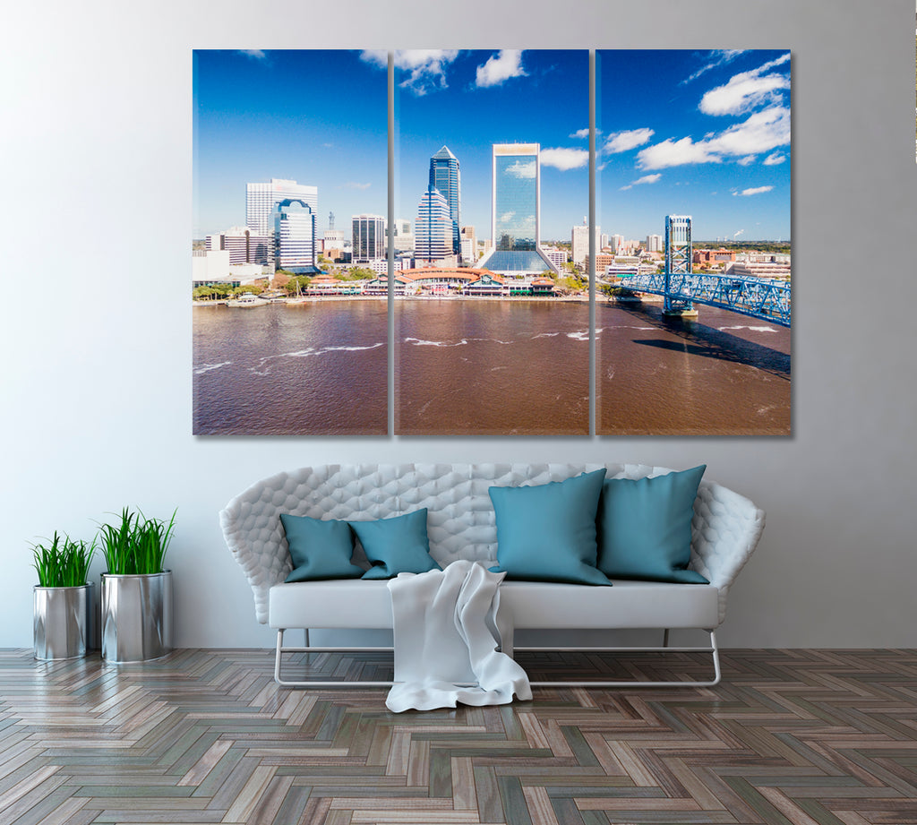 Jacksonville Skyline with Bridge Canvas Print ArtLexy 3 Panels 36"x24" inches 