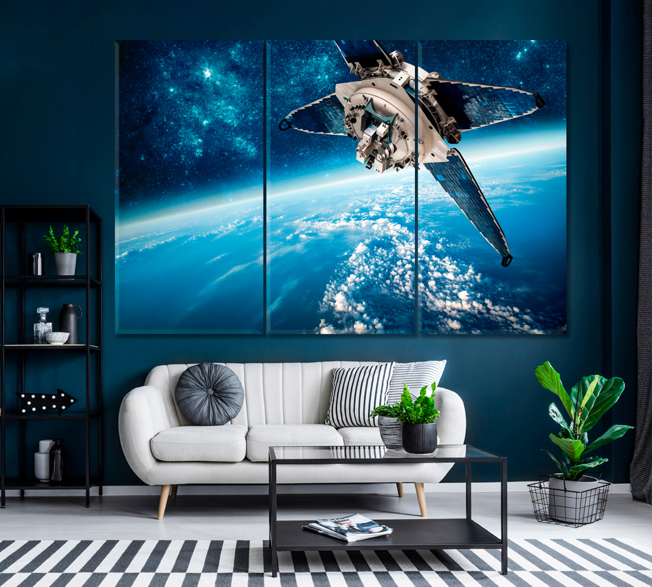 Space Satellite Orbiting Earth Canvas Print ArtLexy 3 Panels 36"x24" inches 