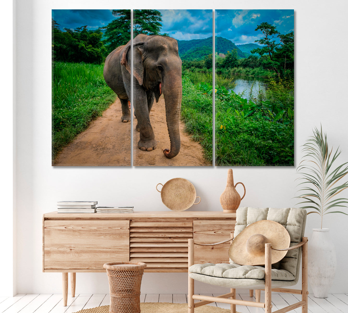 Asian Elephant at Elephant Nature Park in Chiang Mai Thailand Canvas Print ArtLexy 3 Panels 36"x24" inches 