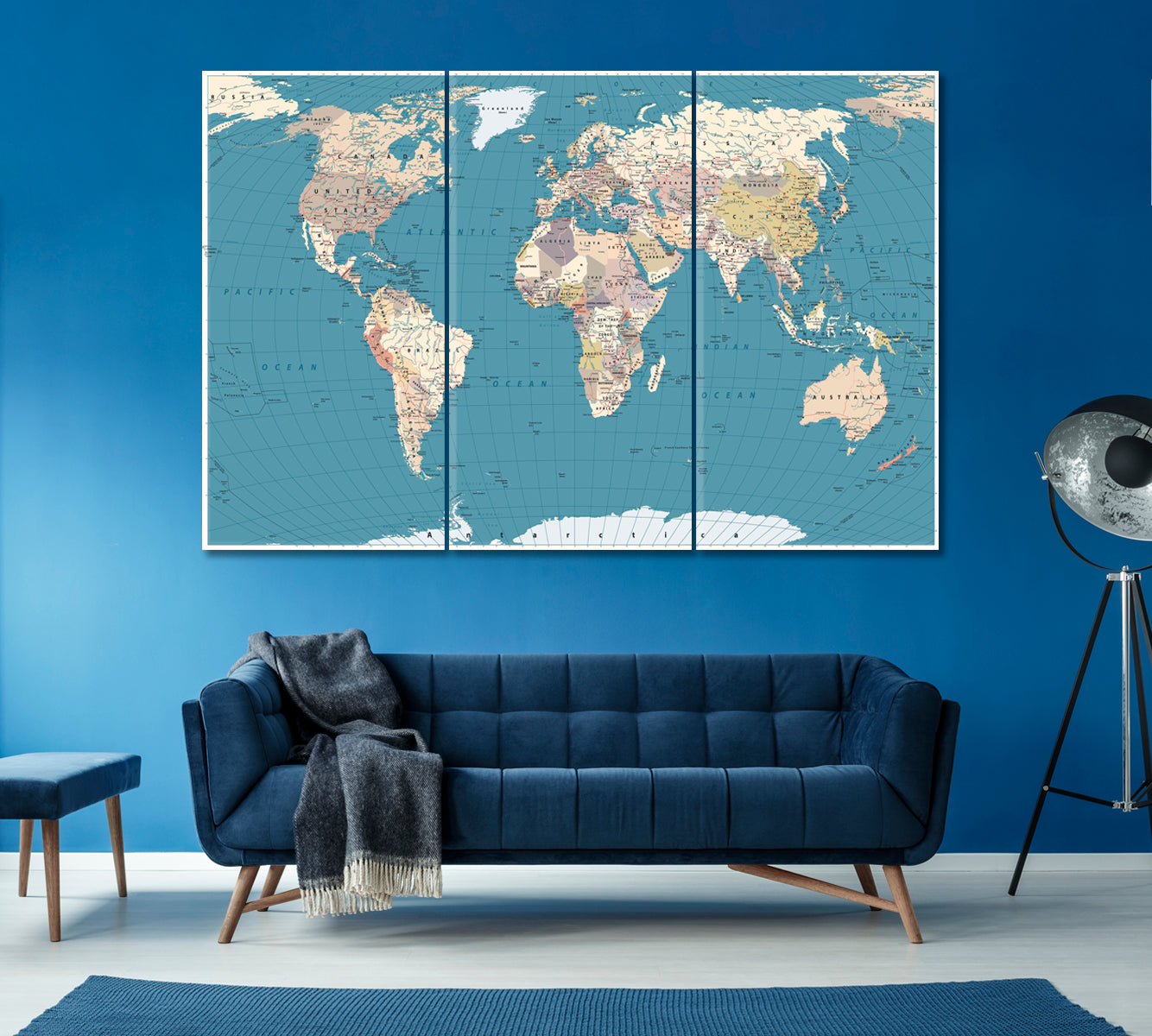 Detailed World Map Canvas Print ArtLexy 3 Panels 36"x24" inches 