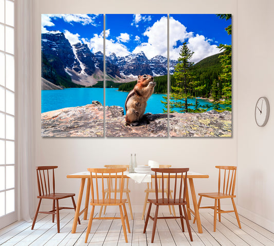 Moraine Lake with Ground Squirrel in Banff National Park Canvas Print ArtLexy 3 Panels 36"x24" inches 