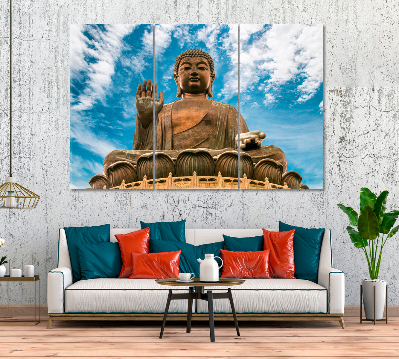 Big Buddha (Tian Tan Buddha) and Po Lin Monastery Hong Kong Canvas Print ArtLexy 3 Panels 36"x24" inches 