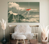 Red Biplane Flying over Mountain Canvas Print ArtLexy 3 Panels 36"x24" inches 