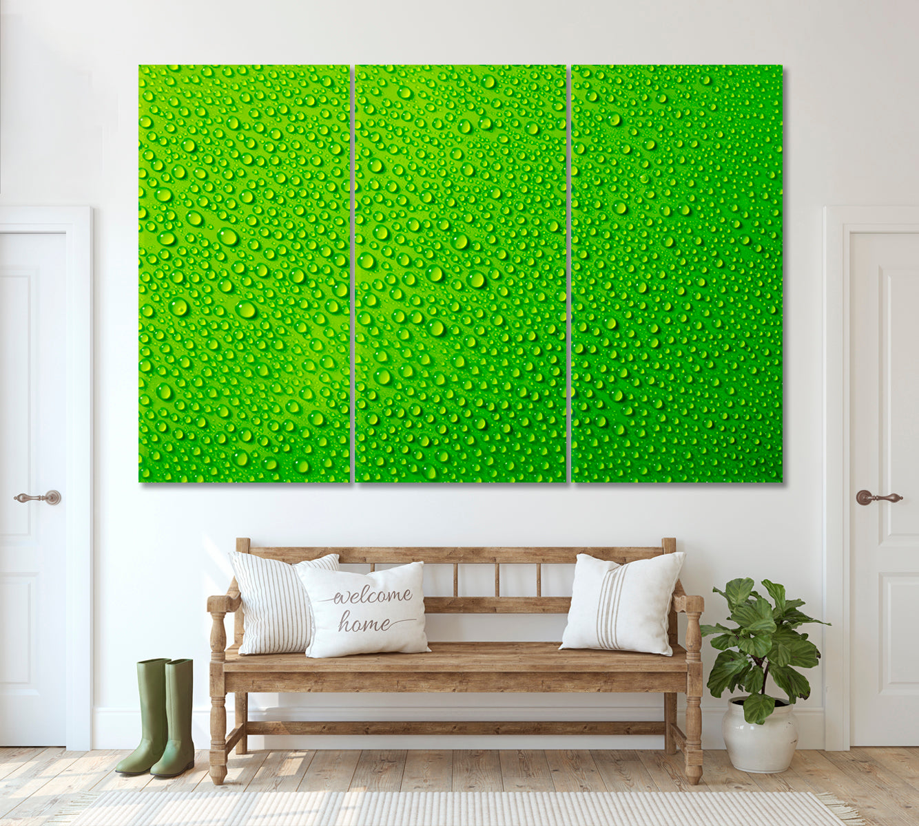 Water Drops on Green Backdrop Canvas Print ArtLexy 3 Panels 36"x24" inches 