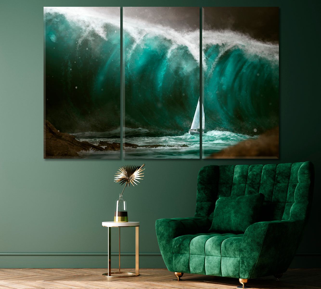 Sailboat in Stormy Sea Canvas Print ArtLexy 3 Panels 36"x24" inches 