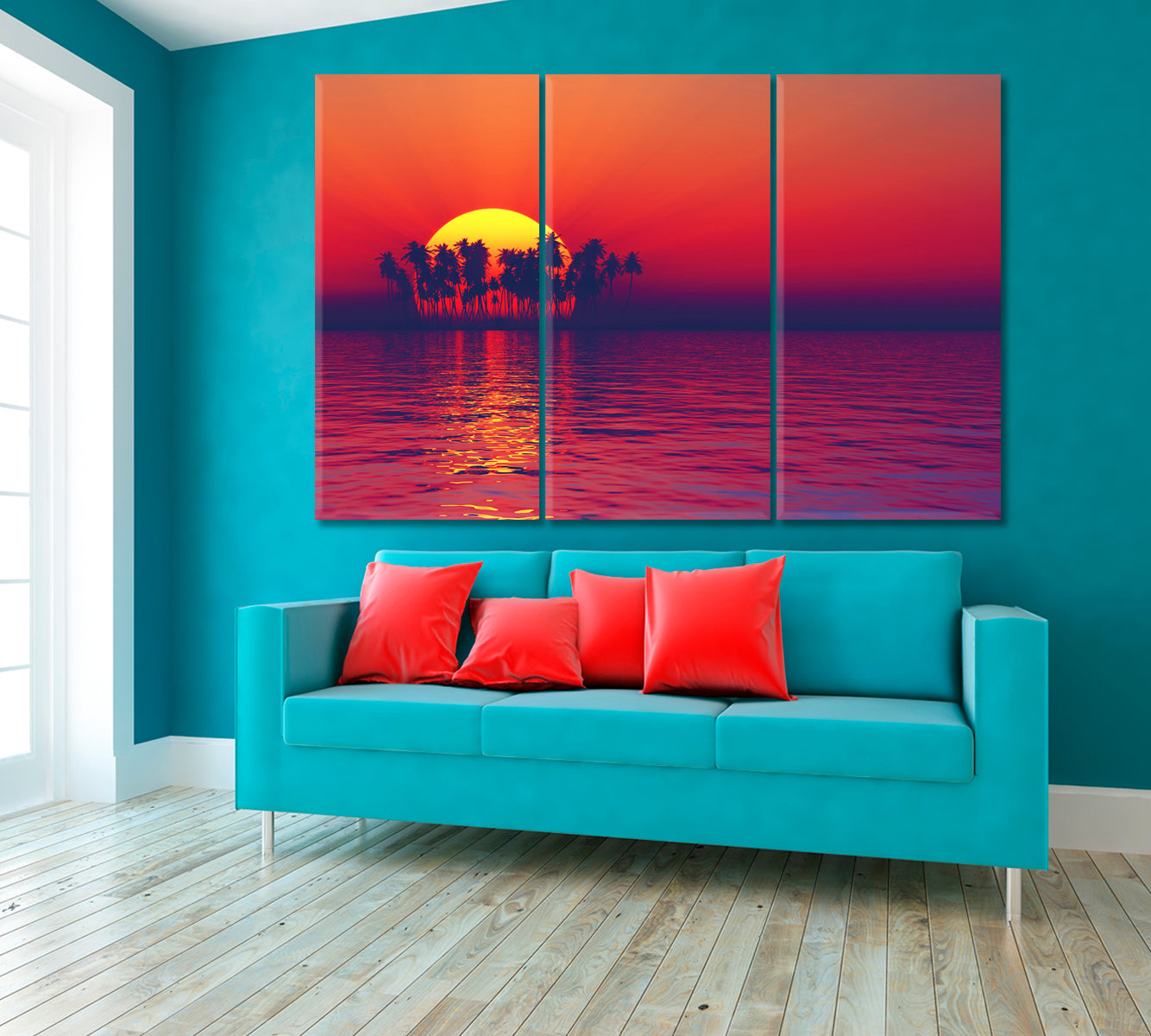Tropical Island Sunset Canvas Print ArtLexy 3 Panels 36"x24" inches 
