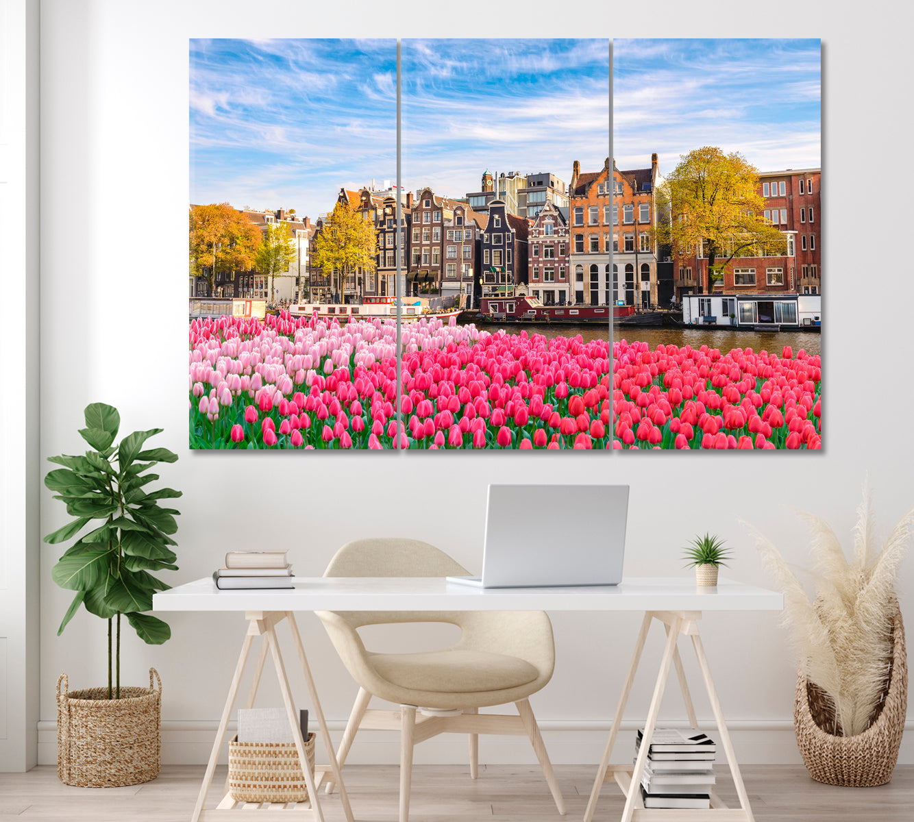 Dutch House with Spring Tulips Flowers Canvas Print ArtLexy 3 Panels 36"x24" inches 
