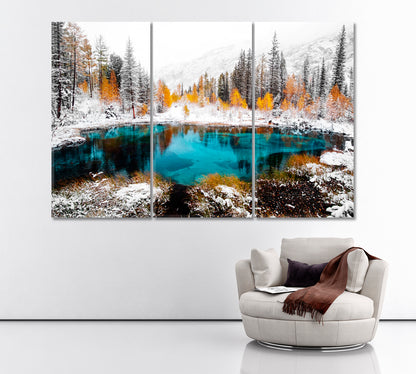 Blue Geyser Lake in Winter Forest Altai Russia Canvas Print ArtLexy 3 Panels 36"x24" inches 