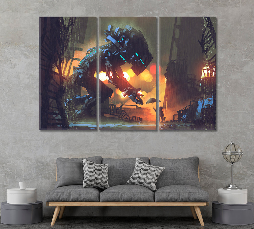 Child Giving Umbrella to Robot in Rainy Night Canvas Print ArtLexy 3 Panels 36"x24" inches 