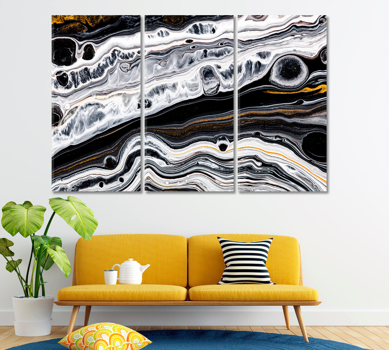 Abstract Black & White & Gold Marble Canvas Print ArtLexy 3 Panels 36"x24" inches 