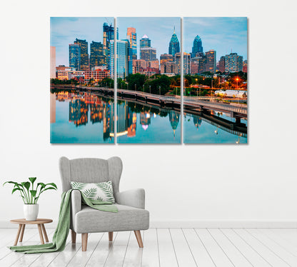 Philadelphia Skyline with Schuylkill River Canvas Print ArtLexy 3 Panels 36"x24" inches 