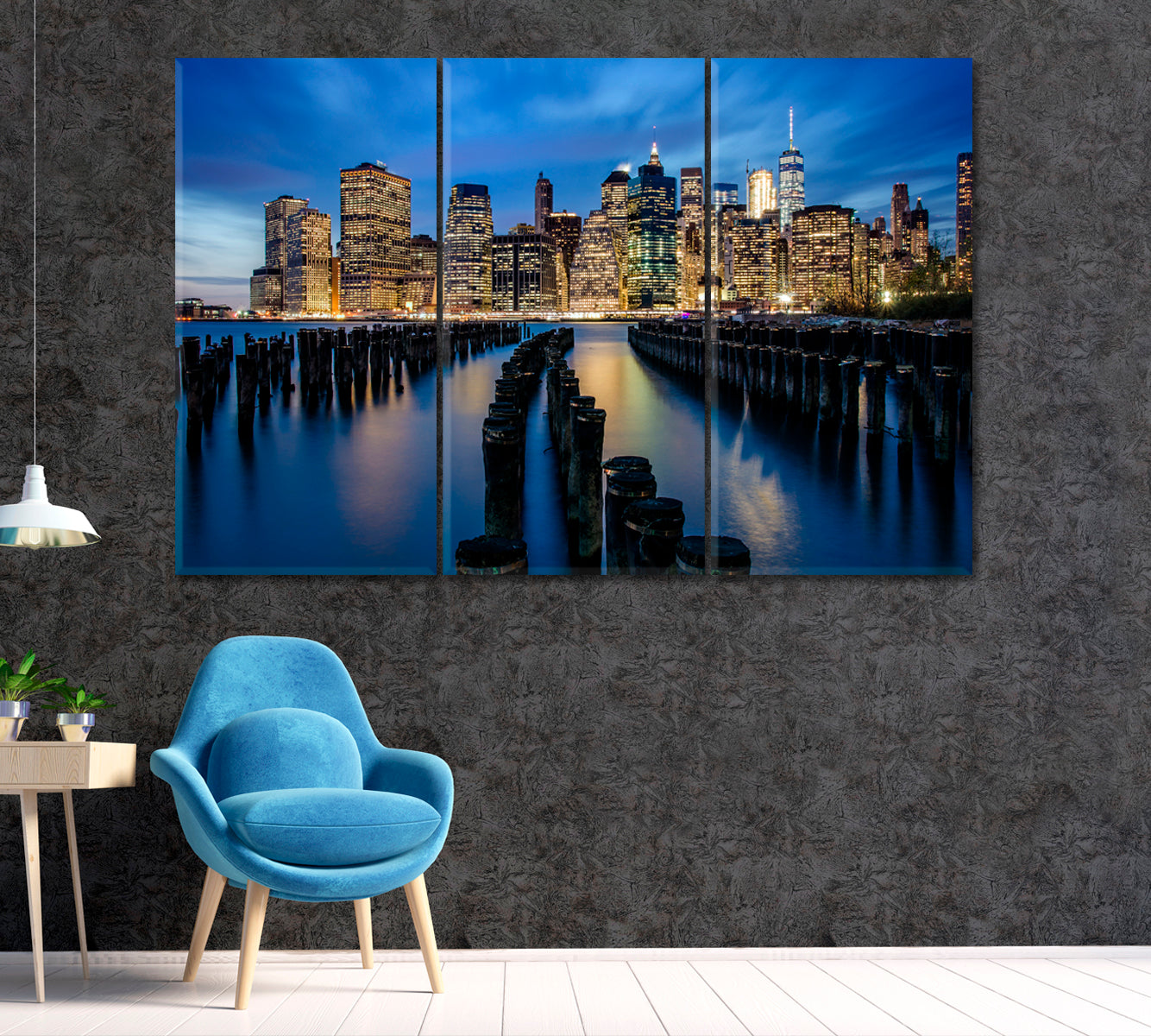 Manhattan Skyline and Abandoned Pier Canvas Print ArtLexy 3 Panels 36"x24" inches 