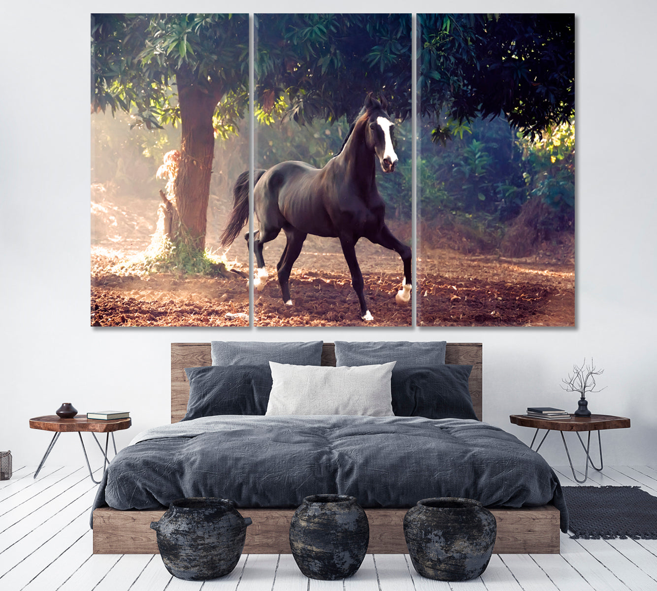 Marwari Black Stallion Canvas Print ArtLexy 3 Panels 36"x24" inches 
