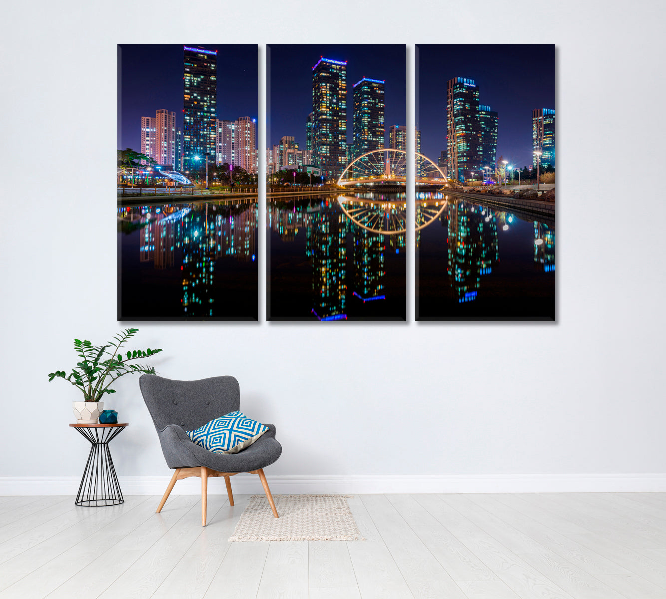Songdo Central Park at Night in Incheon South Korea Canvas Print ArtLexy 3 Panels 36"x24" inches 
