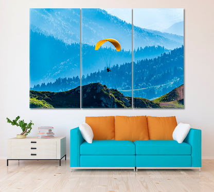 Yellow Paraglider over Green Mountains Canvas Print ArtLexy 3 Panels 36"x24" inches 