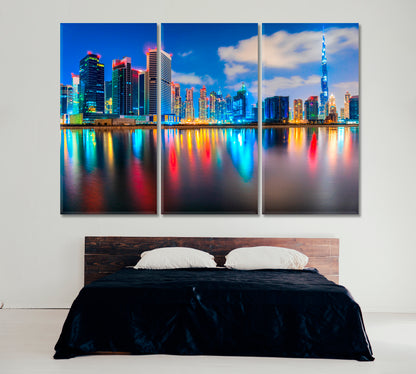 Dubai City Lights at Dusk Canvas Print ArtLexy 3 Panels 36"x24" inches 