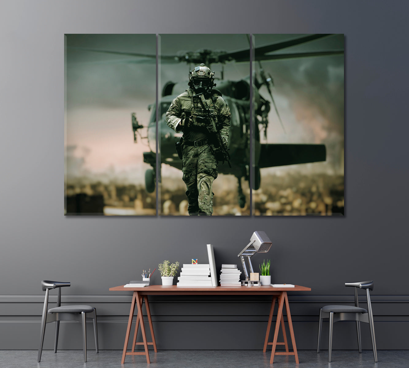 Military Helicopter Behind American Soldier Canvas Print ArtLexy 3 Panels 36"x24" inches 