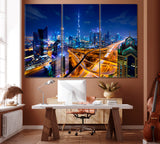 Dubai Skyline at Night Canvas Print ArtLexy 3 Panels 36"x24" inches 