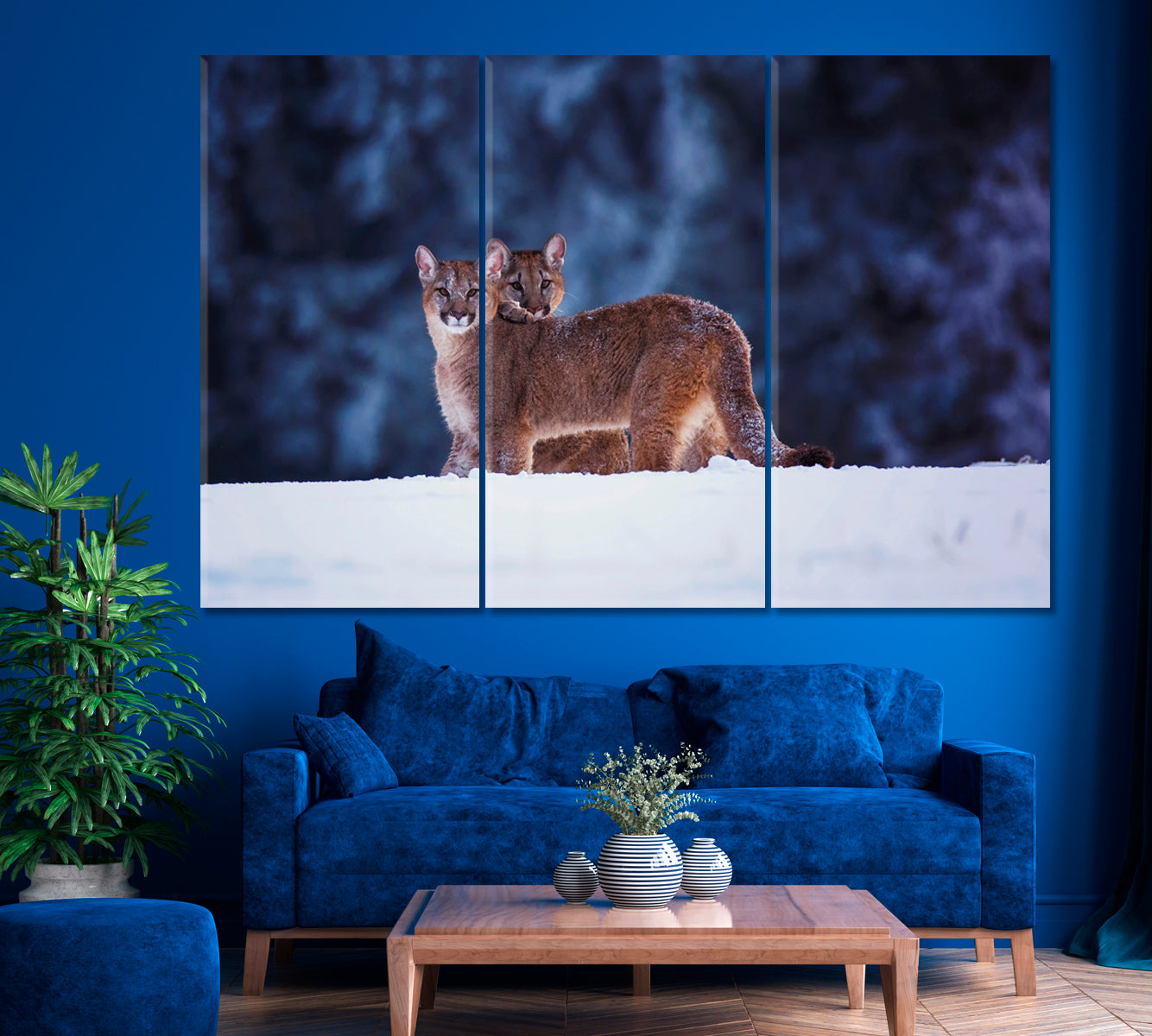 Cougar American Puma in Winter Forest Canvas Print ArtLexy 3 Panels 36"x24" inches 