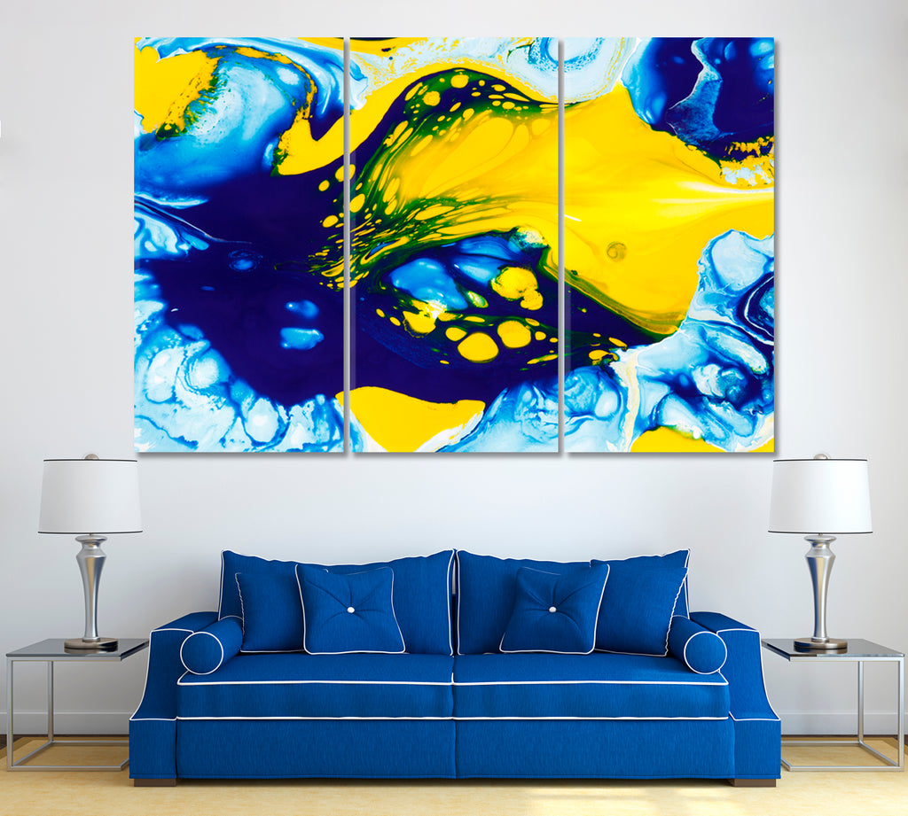 Abstract Mix Blue and Yellow Color Paints Canvas Print ArtLexy 3 Panels 36"x24" inches 