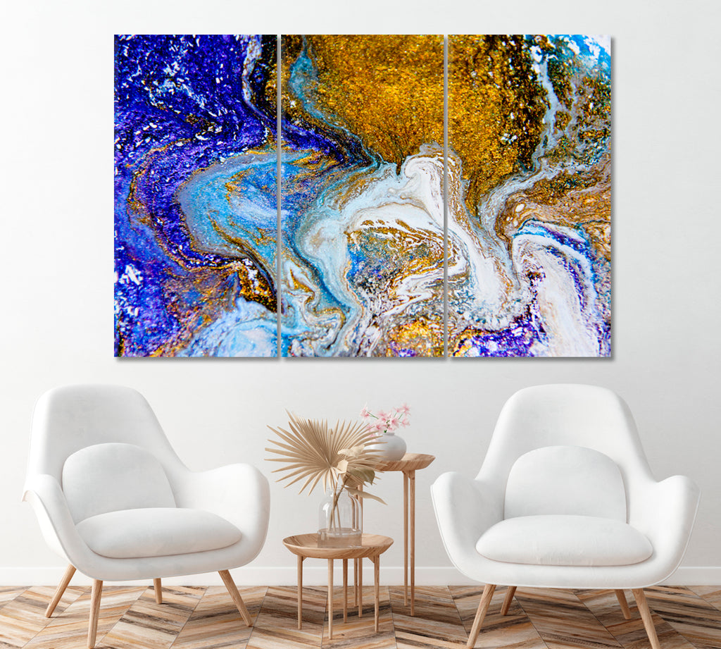 Abstract Marble Gold and Blue Pattern Canvas Print ArtLexy 3 Panels 36"x24" inches 