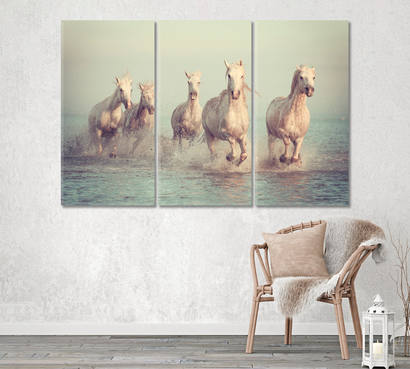 Herd of White Horses Running in Sea Canvas Print ArtLexy 3 Panels 36"x24" inches 