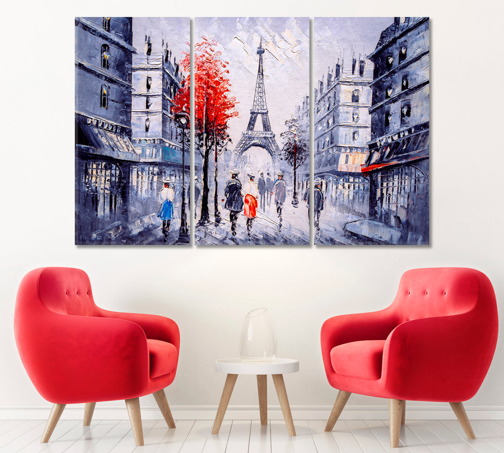 Street View of Paris Canvas Print ArtLexy 3 Panels 36"x24" inches 