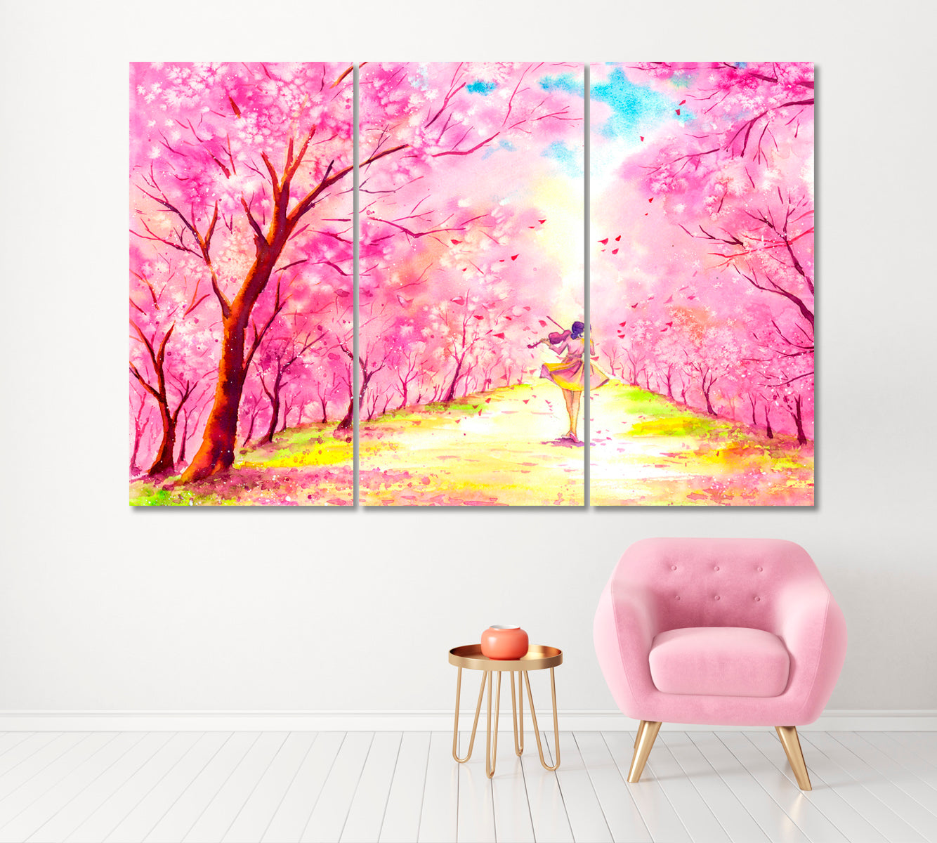 Landscape with Violinist and  Blooming Cherry Trees Canvas Print ArtLexy 3 Panels 36"x24" inches 