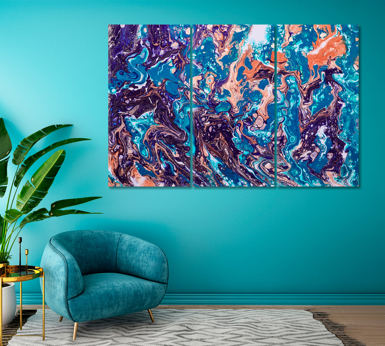 Blue Marble Fluid Painting Canvas Print ArtLexy 3 Panels 36"x24" inches 
