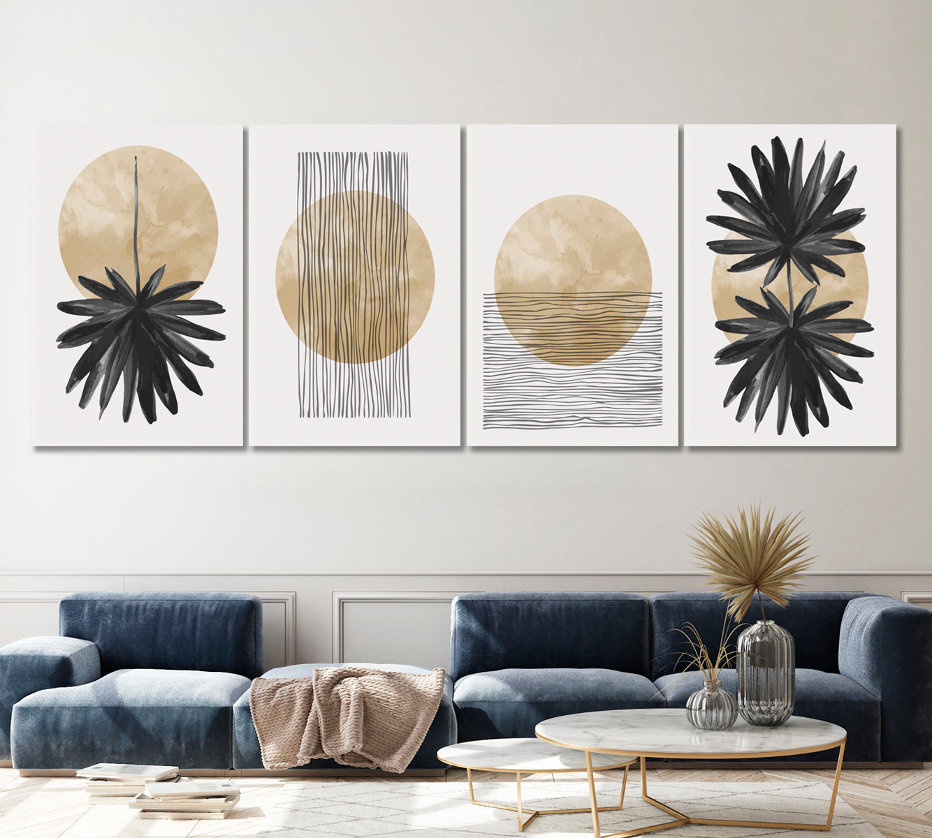 Set of 4 Vertical Minimalist Tropical Palm Leaves and Sunset Canvas Print ArtLexy   