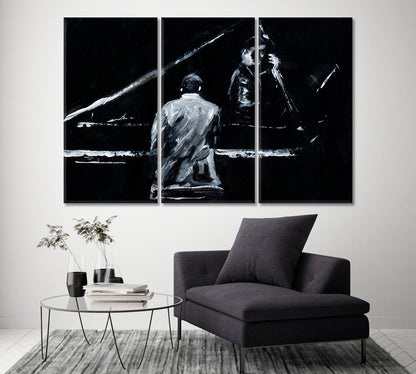 Black and White Abstract Pianist and Contrabassist Canvas Print ArtLexy 3 Panels 36"x24" inches 