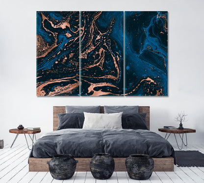 Abstract Blue and Bronze Liquid Marble Canvas Print ArtLexy 3 Panels 36"x24" inches 