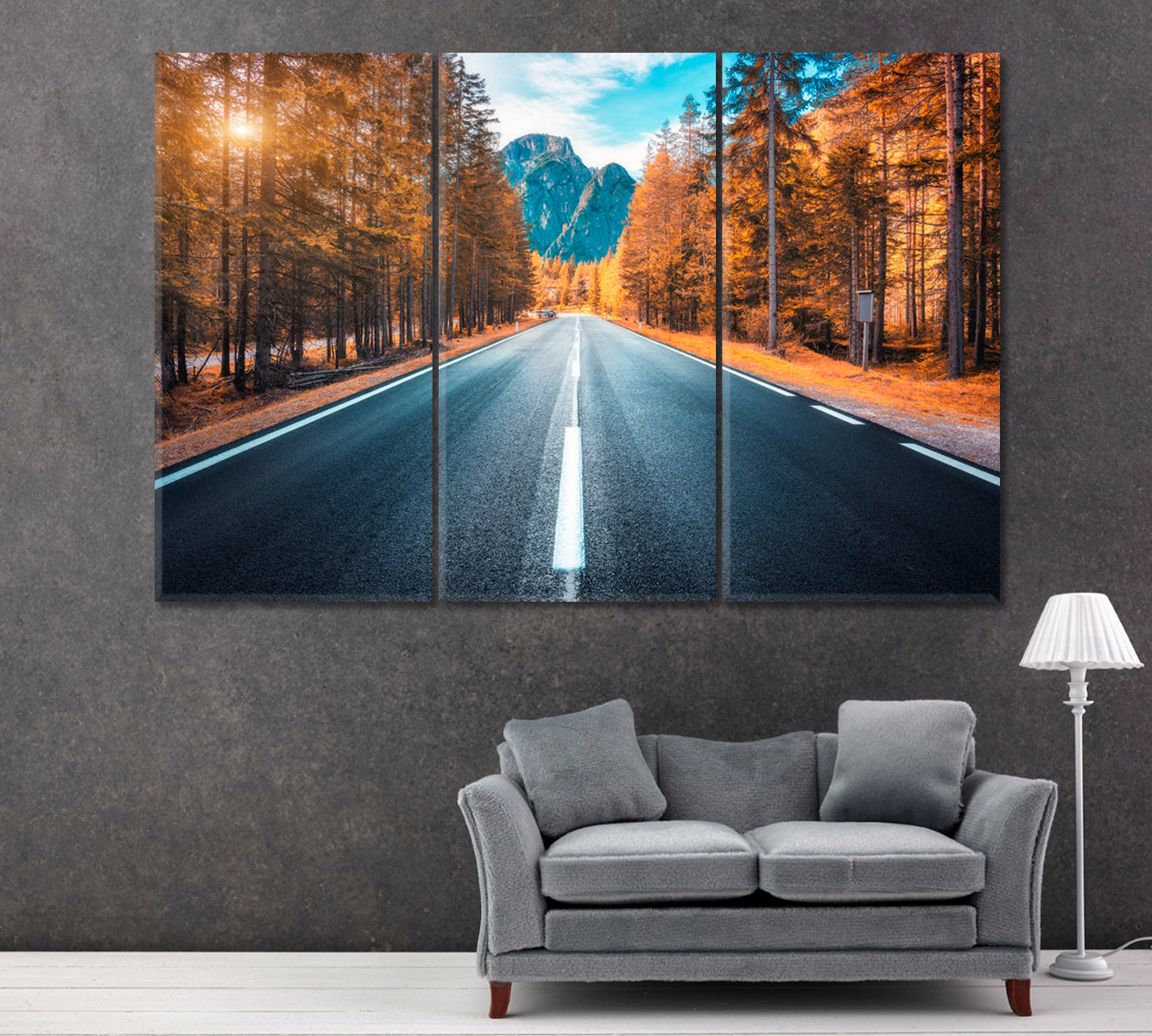 Road in Autumn Forest Canvas Print ArtLexy 3 Panels 36"x24" inches 