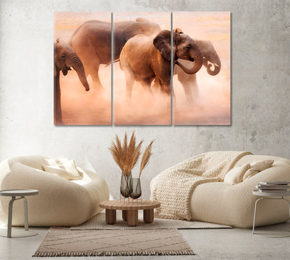 Herd of Elephants in Desert Canvas Print ArtLexy 3 Panels 36"x24" inches 
