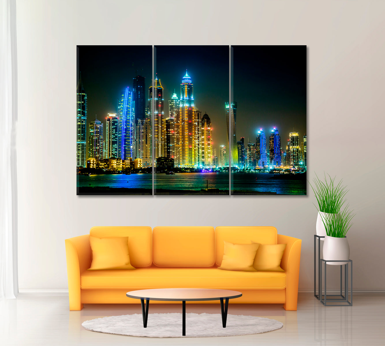 Dubai Downtown with City Lights at Night Canvas Print ArtLexy 3 Panels 36"x24" inches 