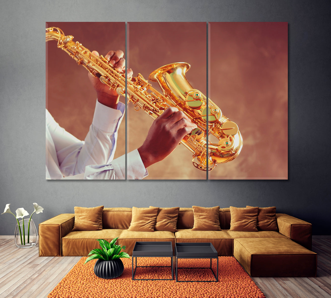 African American Jazz Musician Playing Saxophone Canvas Print ArtLexy 3 Panels 36"x24" inches 