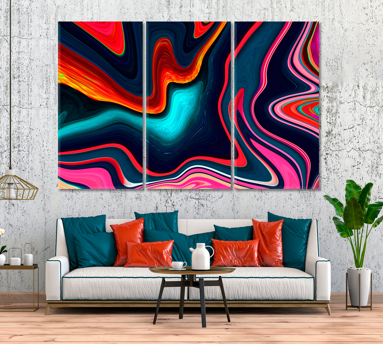 Abstract Multicolor Waves Canvas Print ArtLexy 3 Panels 36"x24" inches 