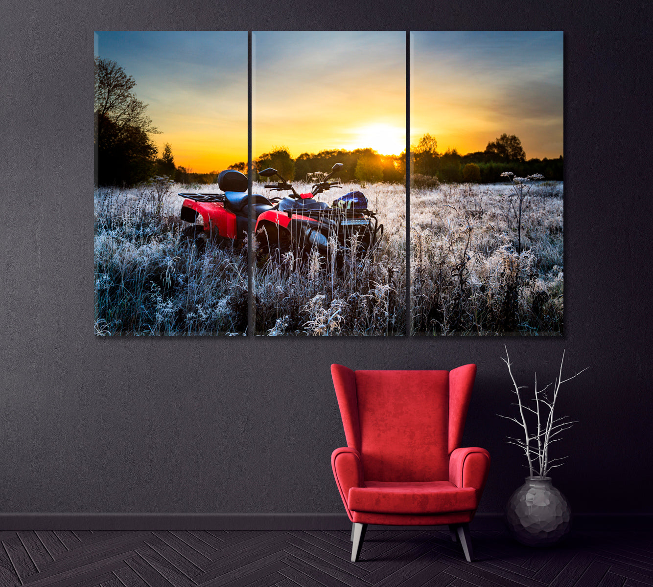 Quad Bike in Field at Sunrise Canvas Print ArtLexy 3 Panels 36"x24" inches 