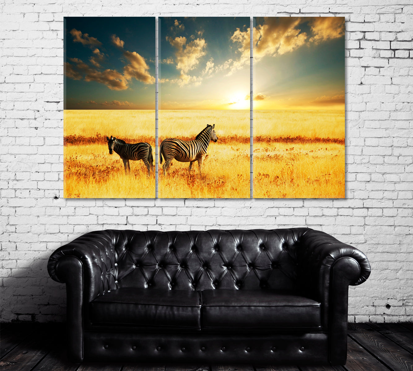 Wild Zebras in African Savannah at Amazing Sunset Canvas Print ArtLexy 3 Panels 36"x24" inches 