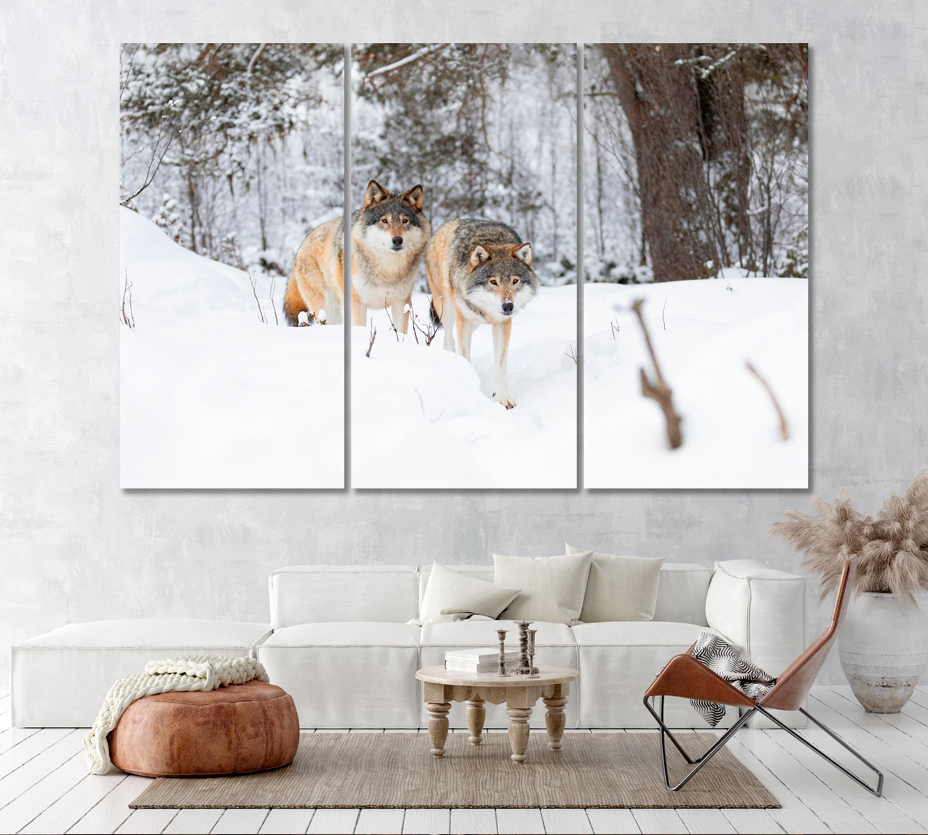 Two Beautiful Wolves in Winter Forest Canvas Print ArtLexy 3 Panels 36"x24" inches 