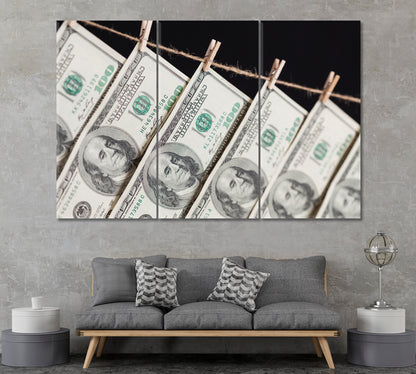 Hundred Dollar Bills Hanging From a Clothesline Canvas Print ArtLexy 3 Panels 36"x24" inches 