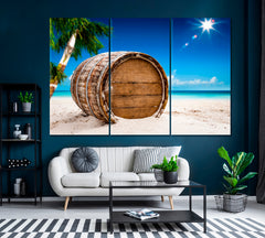 Old Barrel on Beach Canvas Print ArtLexy 3 Panels 36"x24" inches 
