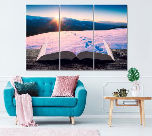 Mountain Valley Covered with Snow on Pages of Magical Book Canvas Print ArtLexy 3 Panels 36"x24" inches 