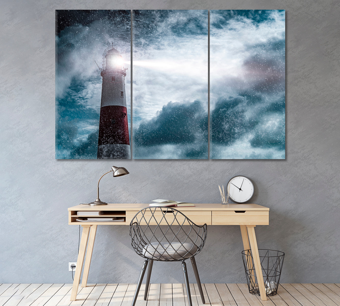 Lighthouse in Storm Shines in Sea Canvas Print ArtLexy 3 Panels 36"x24" inches 