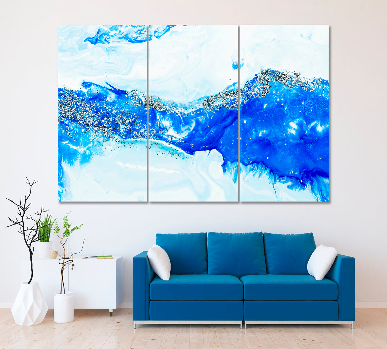 Abstract Blue Ocean with Silver Glitter Canvas Print ArtLexy 3 Panels 36"x24" inches 